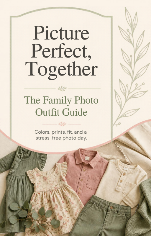 Cover of the Picture Perfect, Together family photo outfit guide ebook, with coordinated sage and rose children's outfits laid flat