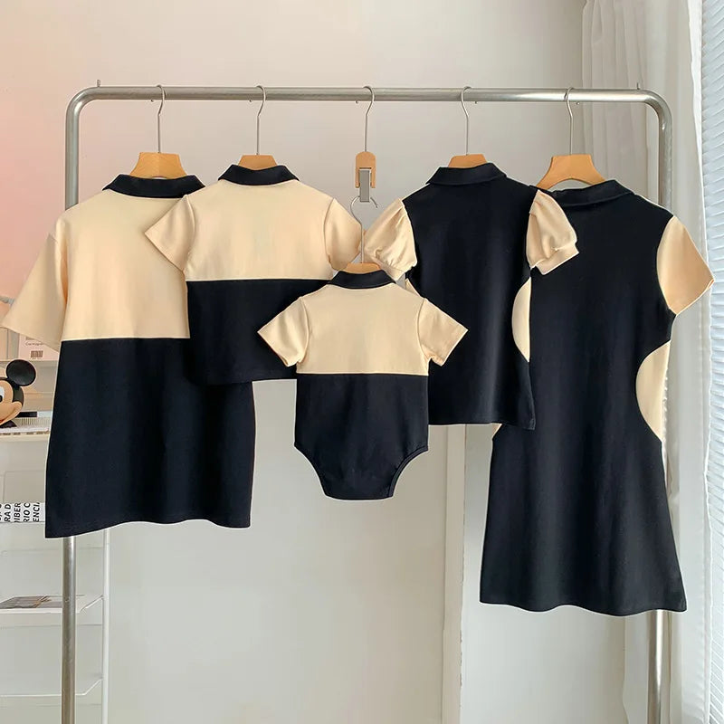 Mom Daughter Dress Dad Son Polo T-shirt Baby Romper for Family Fashion Matching Clothing Short-sleeve Adult Kids Tops Outfits