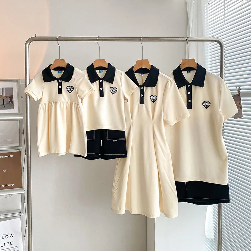 Mom Daughter Dress Dad Son Polo T-shirt Baby Romper for Family Fashion Matching Clothing Short-sleeve Adult Kids Tops Outfits