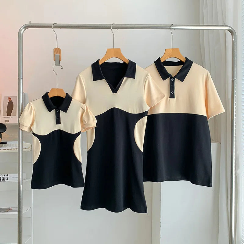 Mom Daughter Dress Dad Son Polo T-shirt Baby Romper for Family Fashion Matching Clothing Short-sleeve Adult Kids Tops Outfits