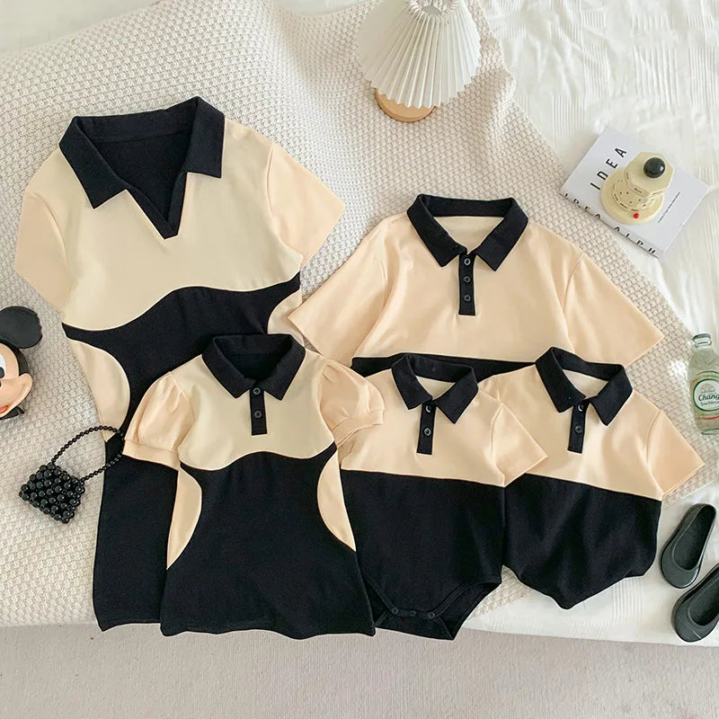 Mom Daughter Dress Dad Son Polo T-shirt Baby Romper for Family Fashion Matching Clothing Short-sleeve Adult Kids Tops Outfits