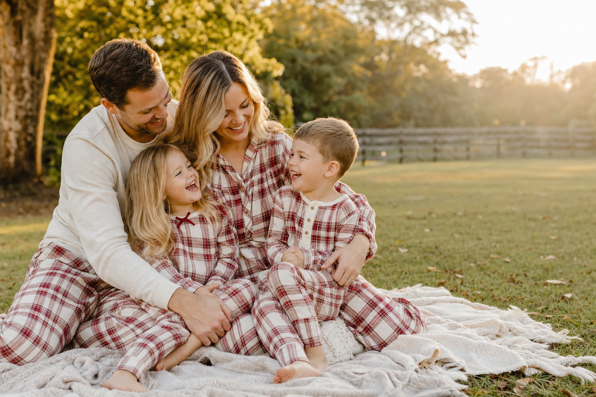 Family in matching plaid pajamas sitting together outdoors at golden hour